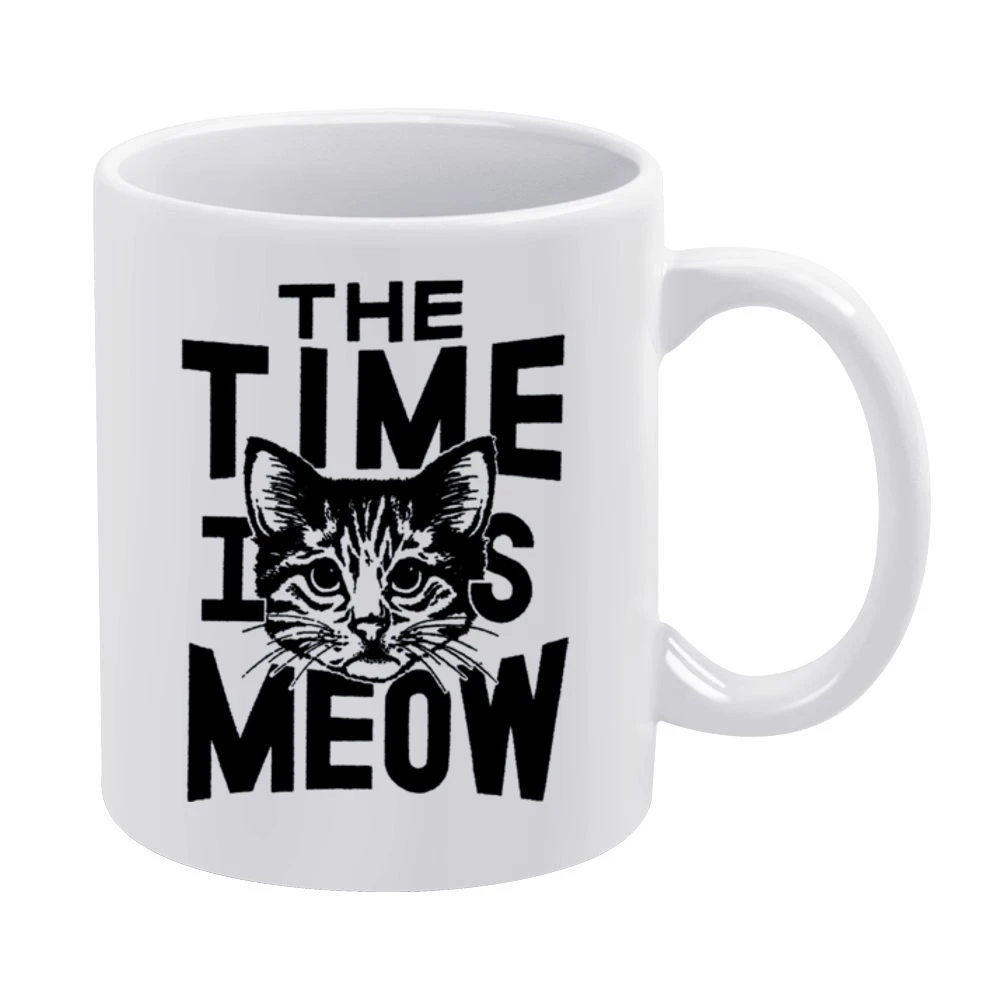 The Time Is Meow Funny Now Cat Lover Graphic White Mug