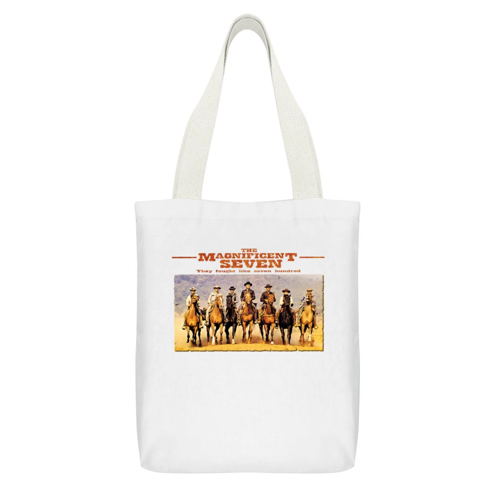 The magnificent sevent White Canvas Tote Shopping Bag With Interior Pocket