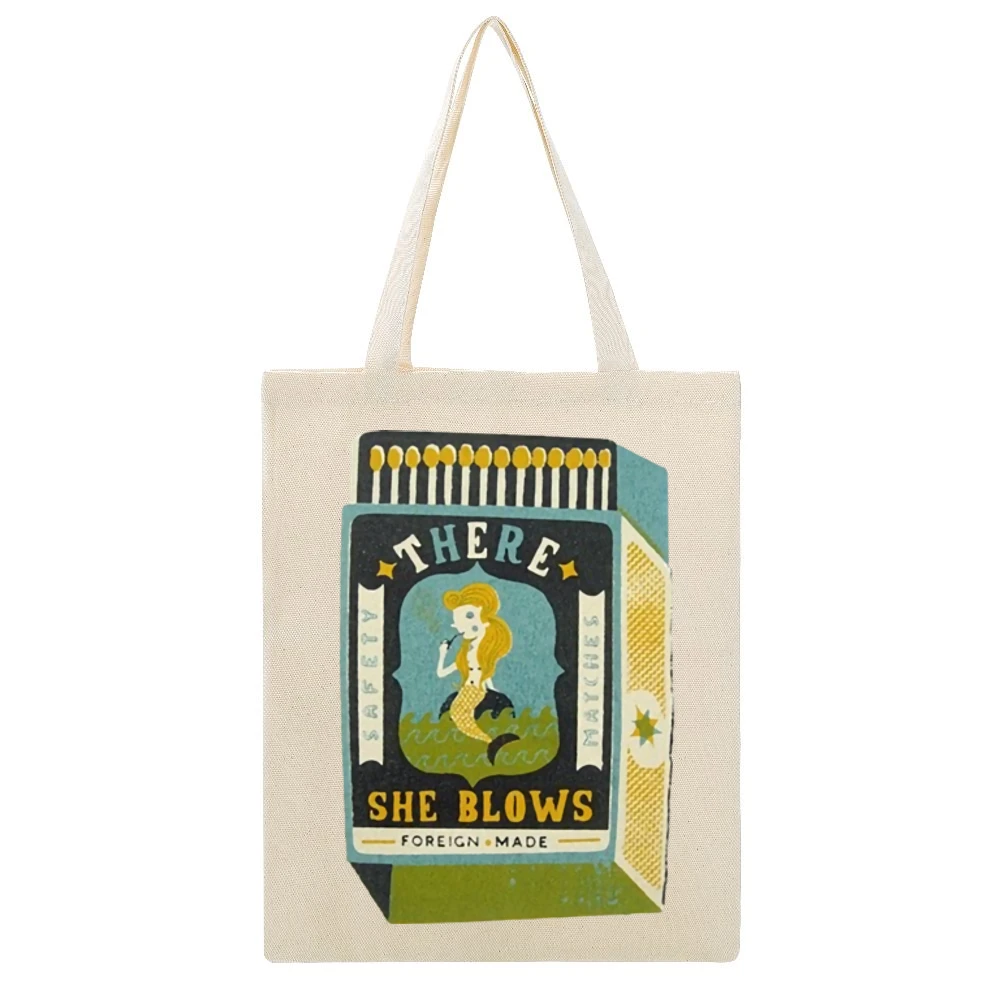 There she blows funny matchbox mermaid foreign made Beige Canvas Tote Shopping Bag
