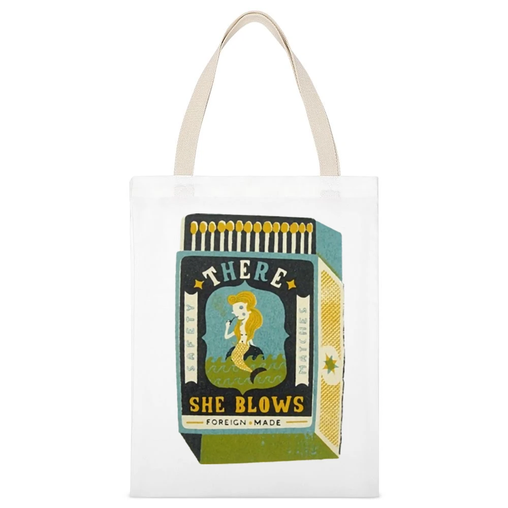 There she blows funny matchbox mermaid foreign made White Canvas Tote Shopping Bag