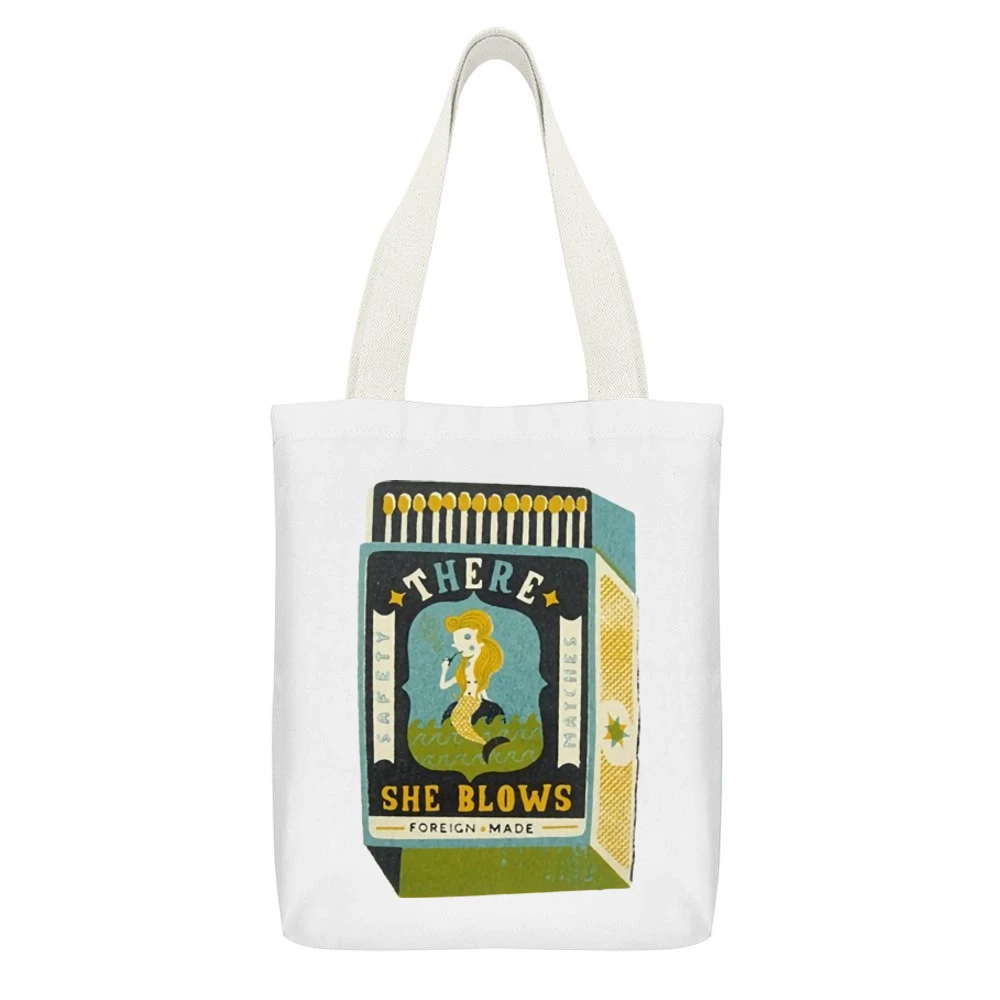 There she blows funny matchbox mermaid foreign made White Canvas Tote Shopping Bag With Interior Pocket