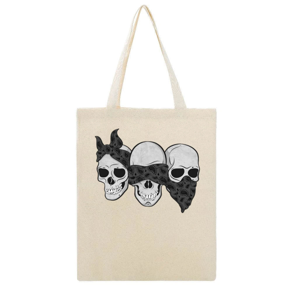 Three Skulls Hear No Evil Fun Graphic Tee Shirt Beige Canvas Tote Shopping Bag