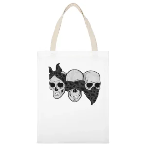 Three Skulls Hear No Evil Fun Graphic Tee Shirt White Canvas Tote Shopping Bag