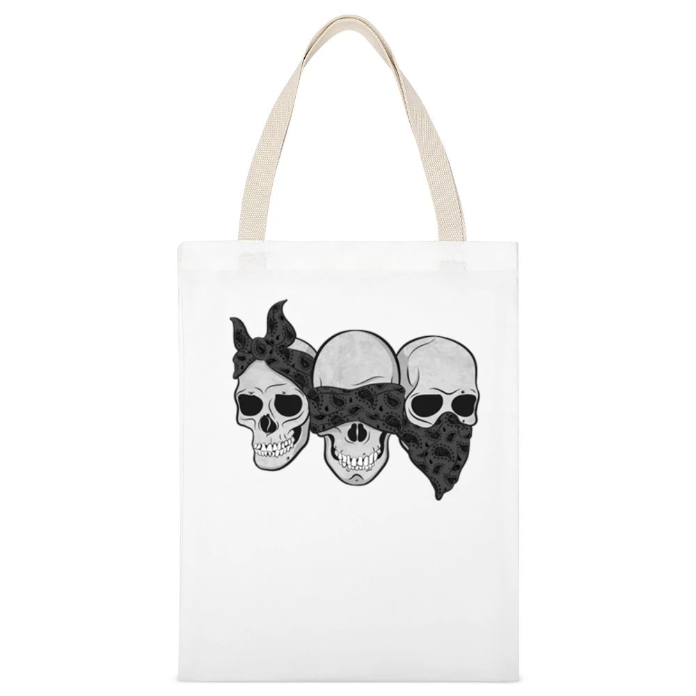 Three Skulls Hear No Evil Fun Graphic Tee Shirt White Canvas Tote Shopping Bag