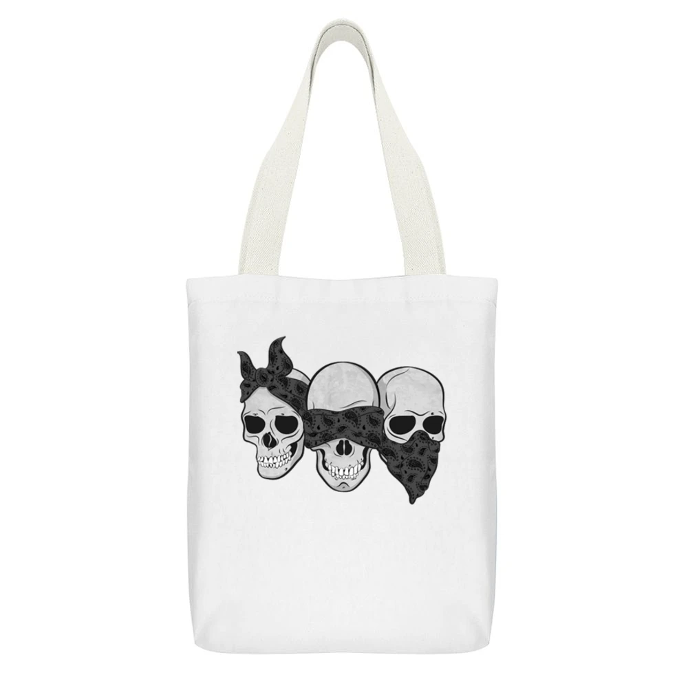 Three Skulls Hear No Evil Fun Graphic Tee Shirt White Canvas Tote Shopping Bag With Interior Pocket