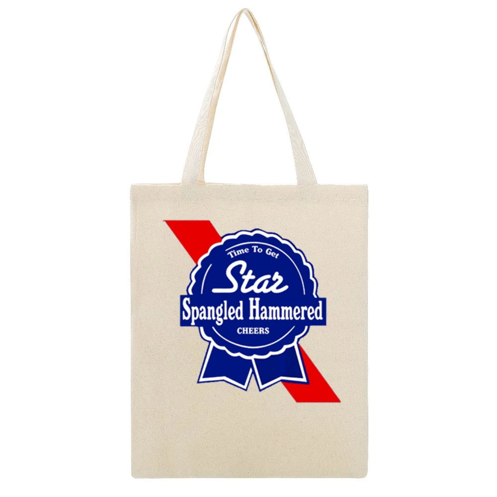 Time To Get Star Spangled Hammered Cheers July 4th PBR Party Parody Gr Beige Canvas Tote Shopping Bag