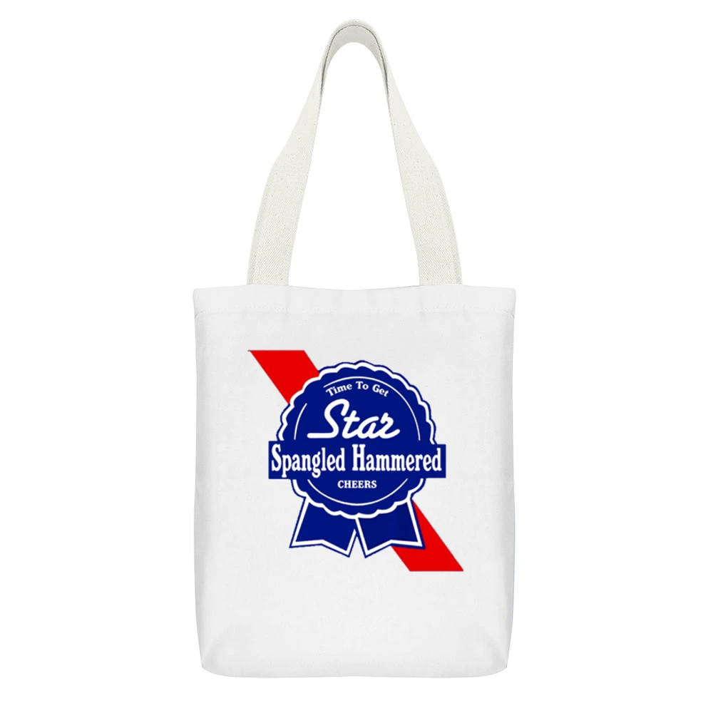 Time To Get Star Spangled Hammered Cheers July 4th PBR Party Parody Gr White Canvas Tote Shopping Bag With Interior Pocket