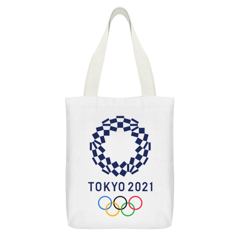 Tokyo Summer Olympic Games 2021 New Date Sports Fan White Canvas Tote Shopping Bag With Interior Pocket