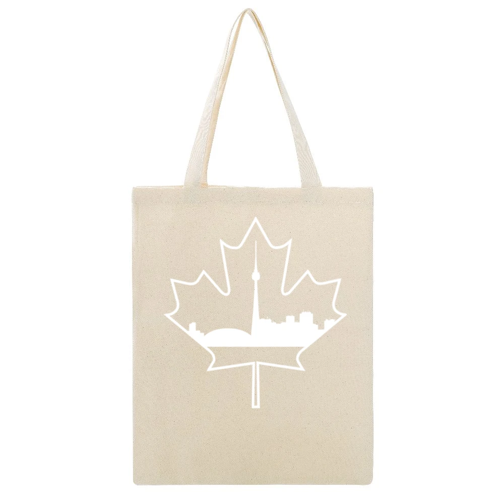 Toronto Skyline Silhouette In Maple Leaf Canadian Beige Canvas Tote Shopping Bag