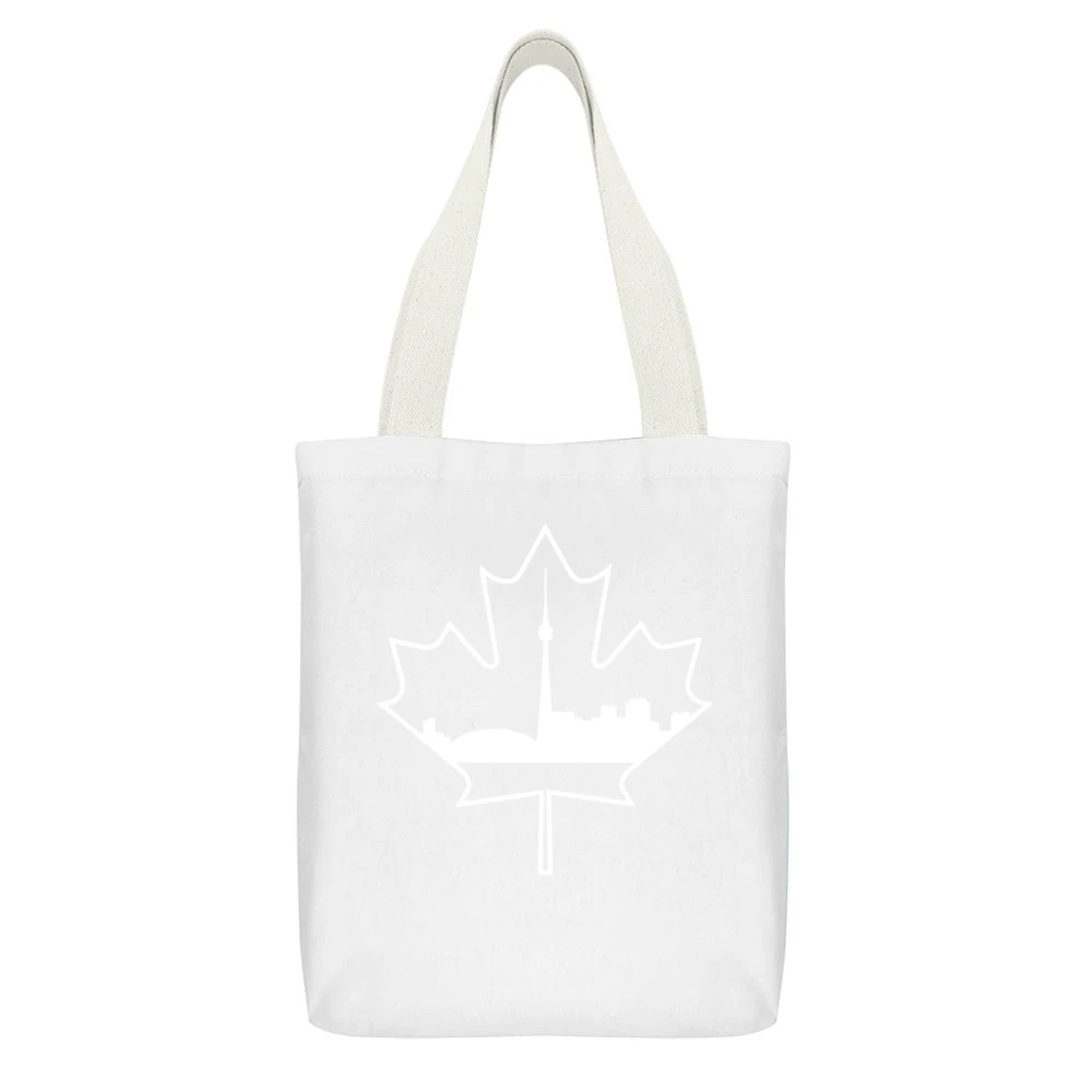 Toronto Skyline Silhouette In Maple Leaf Canadian White Canvas Tote Shopping Bag With Interior Pocket