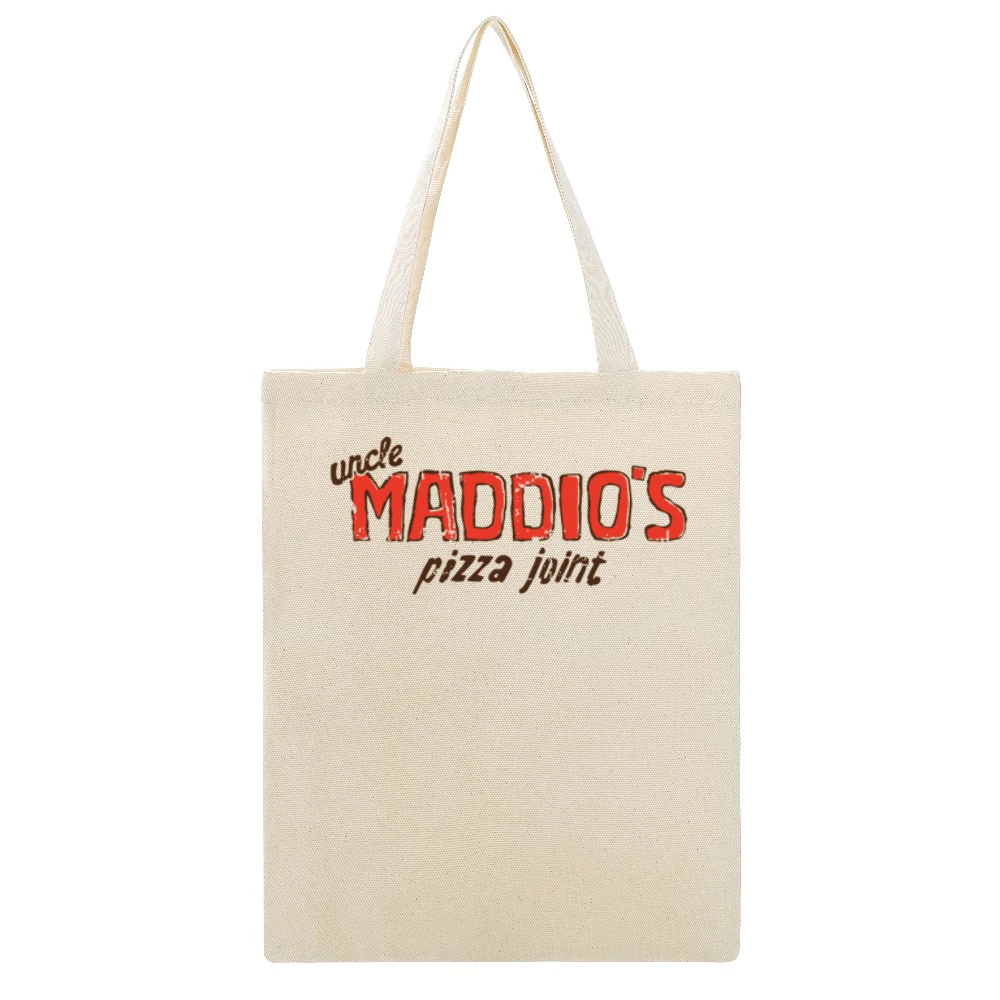 Uncle Maddios Pizza Joint Fast Food Restaurant Distressed Look Beige Canvas Tote Shopping Bag