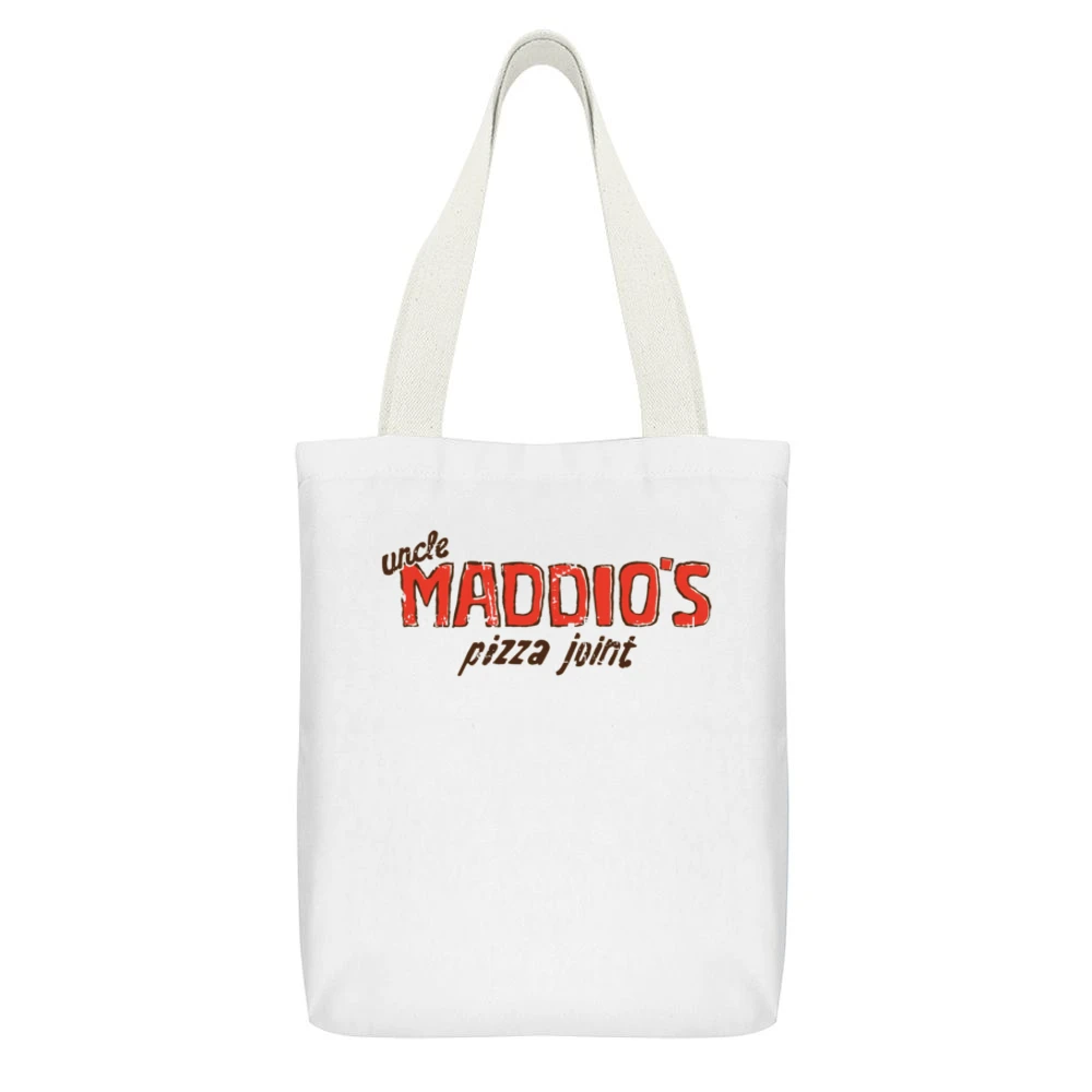 Uncle Maddios Pizza Joint Fast Food Restaurant Distressed Look White Canvas Tote Shopping Bag With Interior Pocket