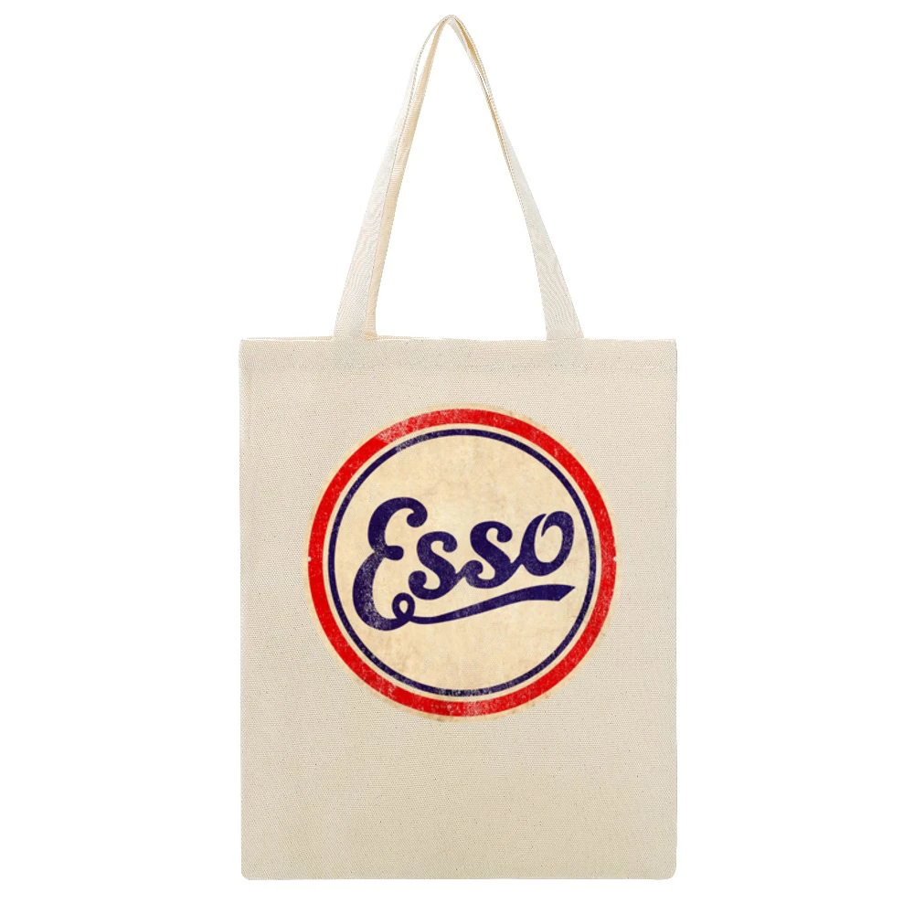 Vintage Esso Gas Petrol Sign Fun Distressed Graphic Beige Canvas Tote Shopping Bag