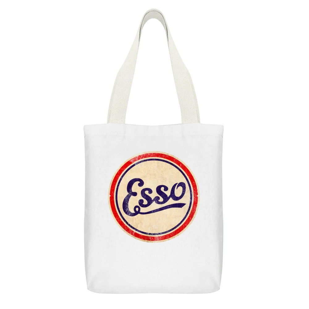 Vintage Esso Gas Petrol Sign Fun Distressed Graphic White Canvas Tote Shopping Bag With Interior Pocket