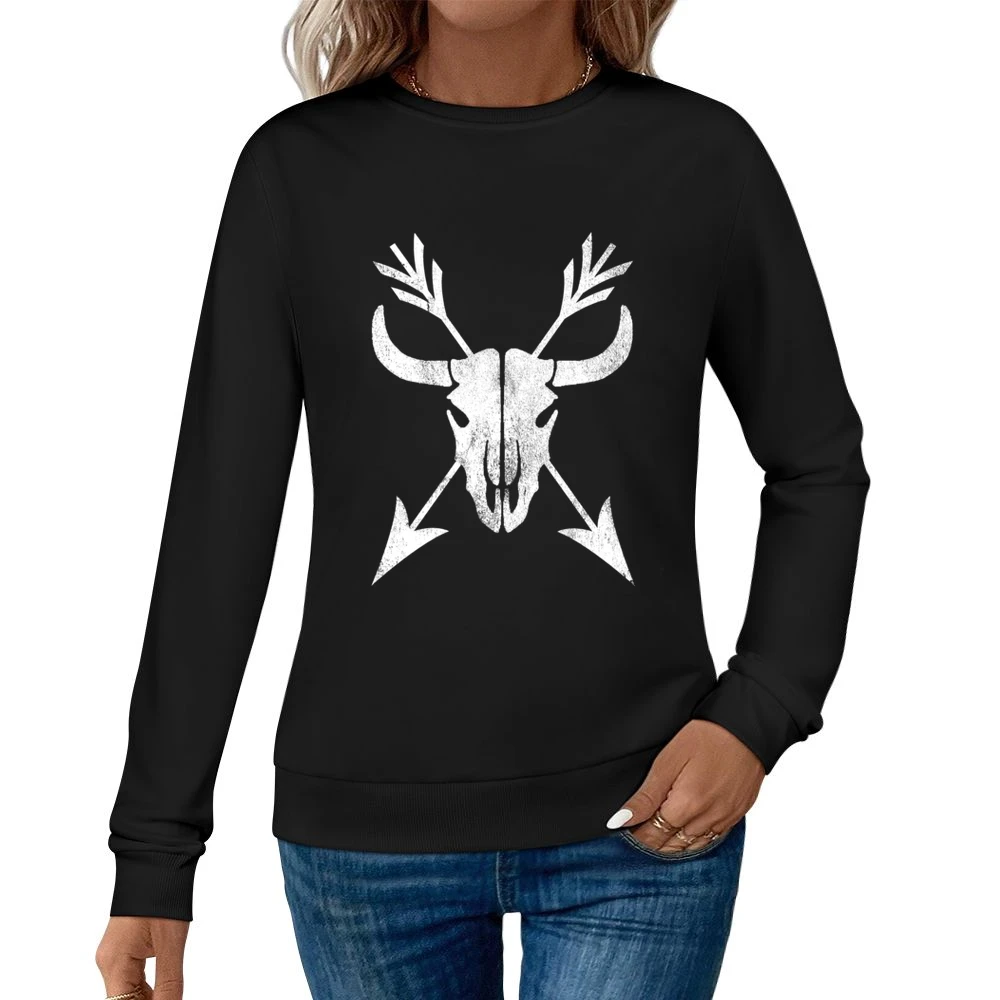 Vintage Skull Horns And Arrows Distressed Tee Shirt Women Pullover Sweatshirt