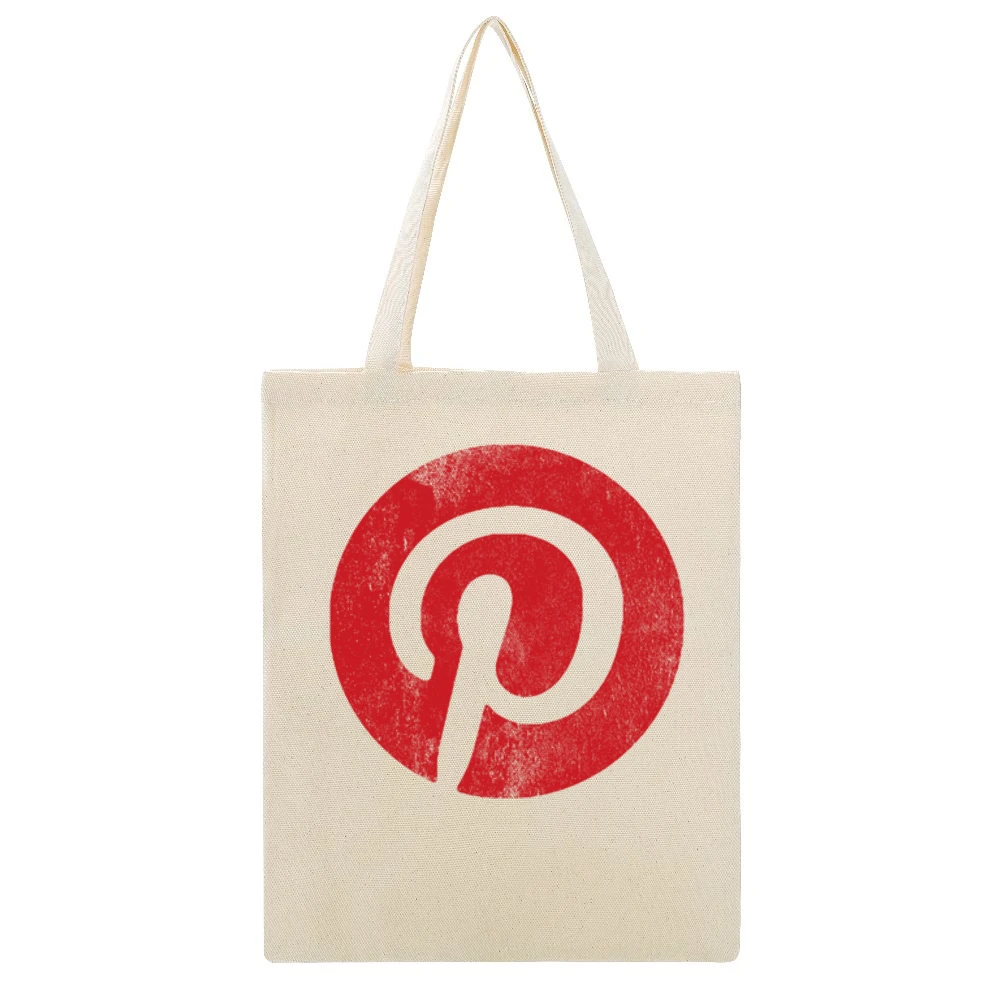 Vintage Style Pinterest P Distressed Logo Popular Social Media Graphic Beige Canvas Tote Shopping Bag
