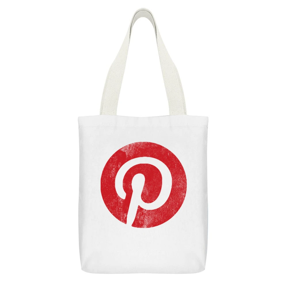 Vintage Style Pinterest P Distressed Logo Popular Social Media Graphic White Canvas Tote Shopping Bag With Interior Pocket