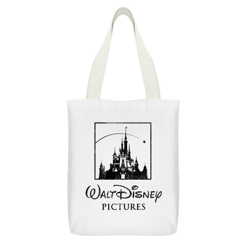 Walt Disney Vintage Style Graphic Castle Logo White Canvas Tote Shopping Bag With Interior Pocket