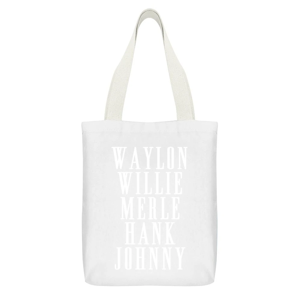 Waylon Willie Merle Hank Johnny Country Music Legends Graphic White Canvas Tote Shopping Bag With Interior Pocket