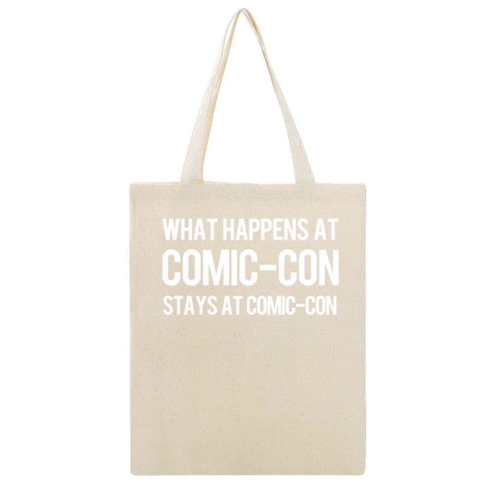 What Happens At Comic Con Stays At Comic Con Funny Cool Geek Nerd Conv Beige Canvas Tote Shopping Bag