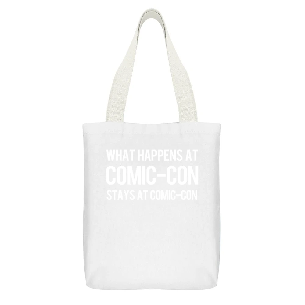 What Happens At Comic Con Stays At Comic Con Funny Cool Geek Nerd Conv White Canvas Tote Shopping Bag With Interior Pocket