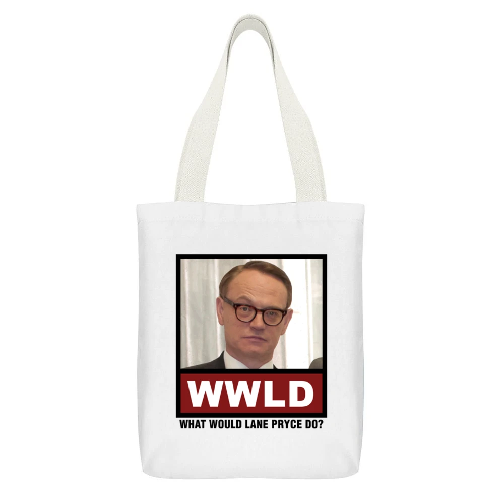 What Would Lane Pryce Do WWLD Mad Men White Canvas Tote Shopping Bag With Interior Pocket