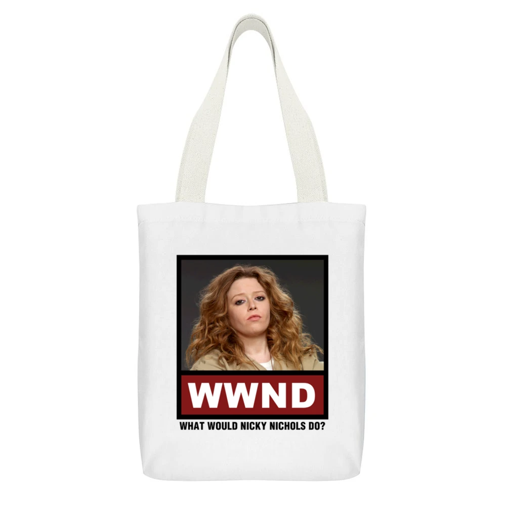 What Would Nicky Nichols Do WWND Orange is the New Black White Canvas Tote Shopping Bag With Interior Pocket
