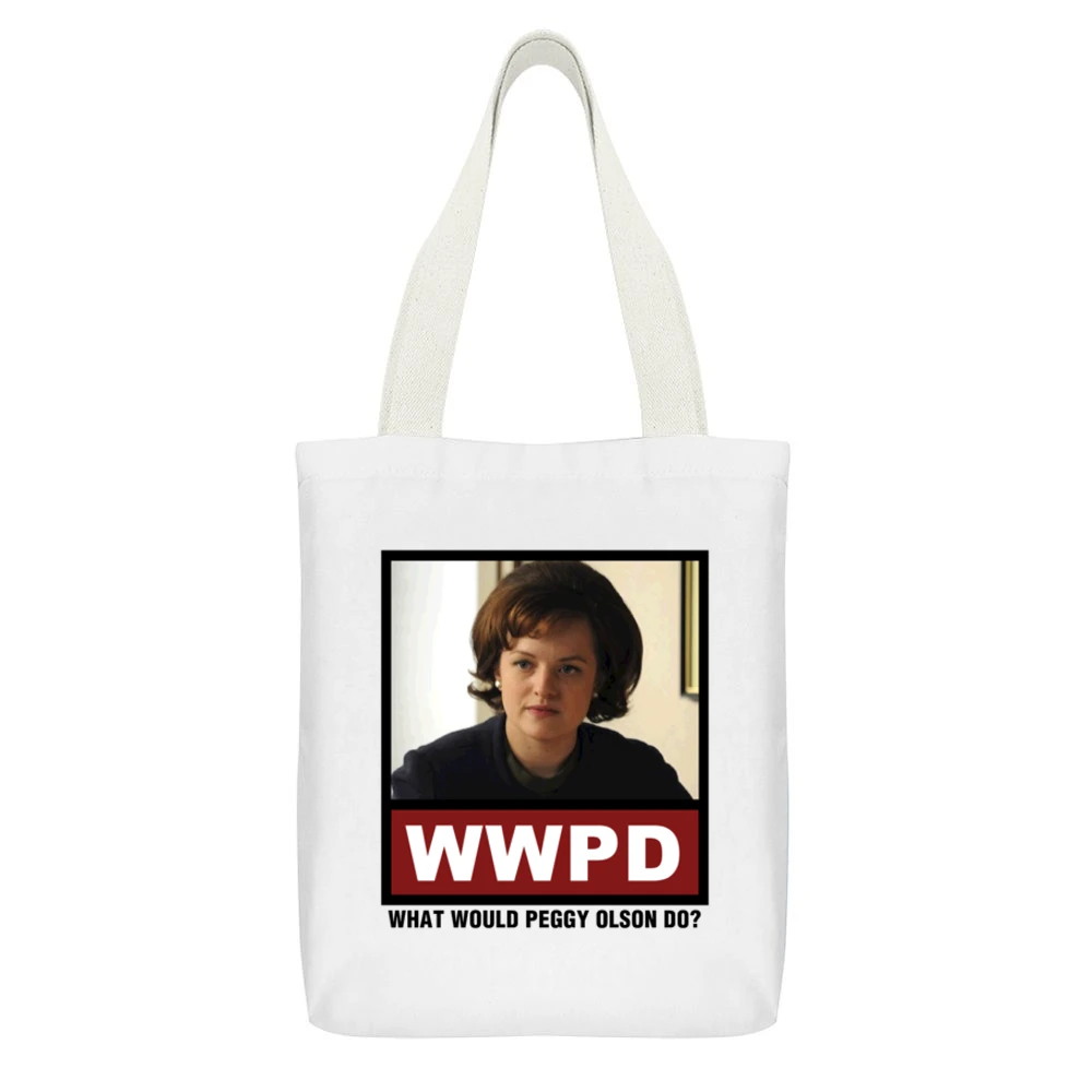What Would Peggy Olson Do WWPD Mad Men White Canvas Tote Shopping Bag With Interior Pocket
