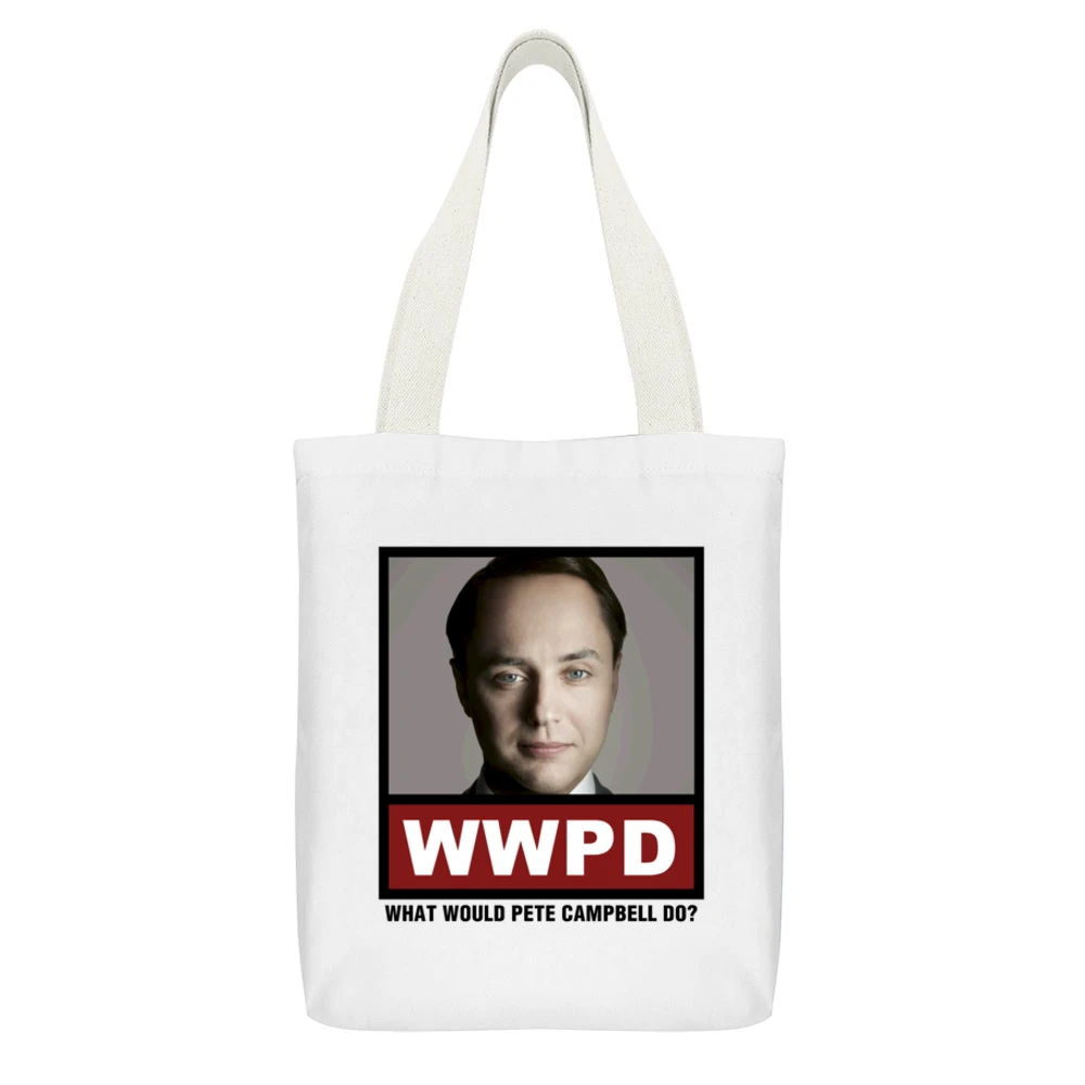 What Would Pete Campbell Do WWPD Mad Men White Canvas Tote Shopping Bag With Interior Pocket