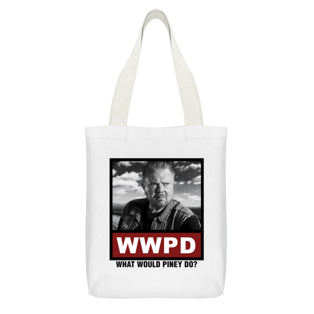 What Would Piney Do WWPD Sons of Anarchy White Canvas Tote Shopping Bag With Interior Pocket