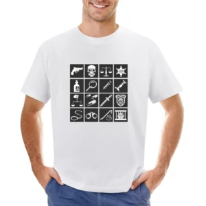 White Crime Icons Black Background Pistol-Skull-Scales-Sheriff-Badge-P Asian Size Men T-Shirt