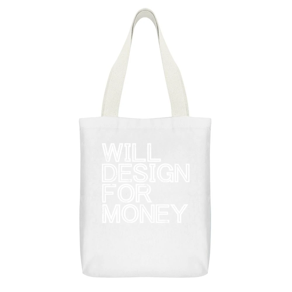 Will Design For Money Fun Graphic Artist White Canvas Tote Shopping Bag With Interior Pocket