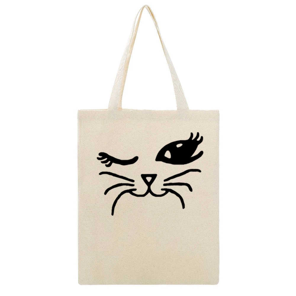 Winking Cat Fun Popular Cat Lover Graphic Feline Tee Shirt Beige Canvas Tote Shopping Bag