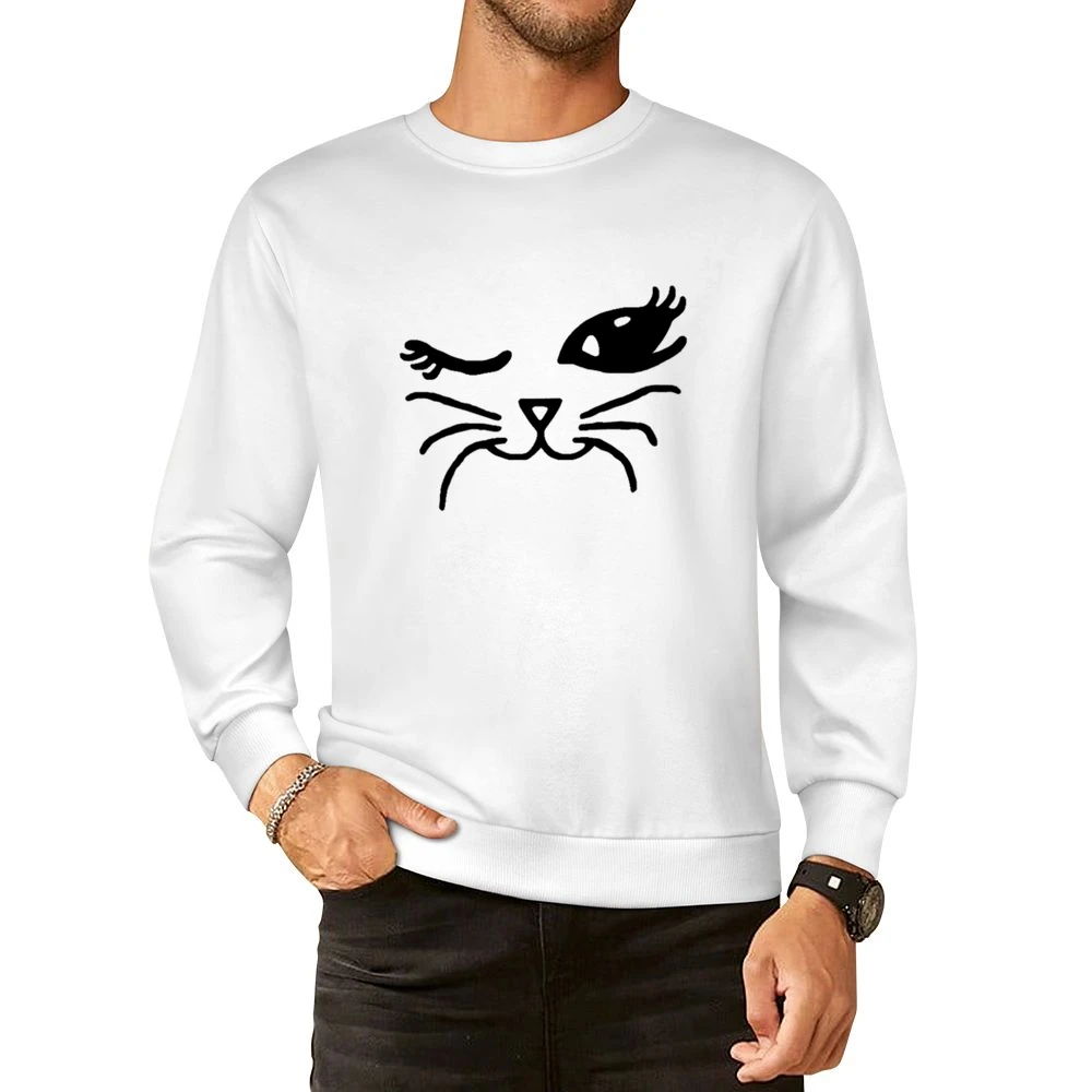 Winking Cat Fun Popular Cat Lover Graphic Feline Tee Shirt European Size Pullover Sweater