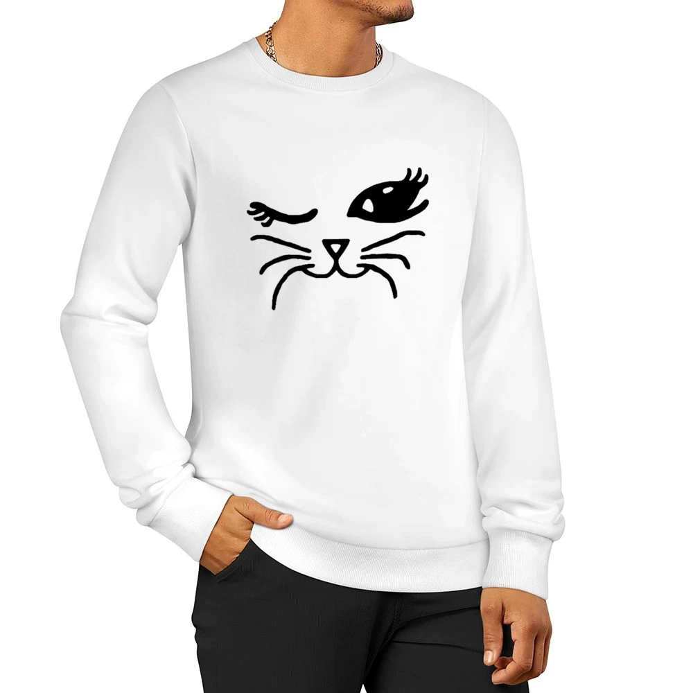 Winking Cat Fun Popular Cat Lover Graphic Feline Tee Shirt Men Pullover Sweatshirt