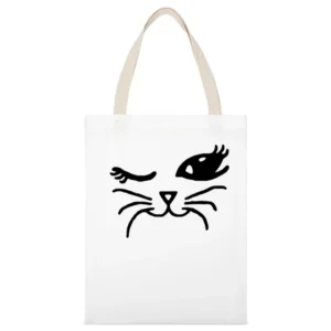 Winking Cat Fun Popular Cat Lover Graphic Feline Tee Shirt White Canvas Tote Shopping Bag