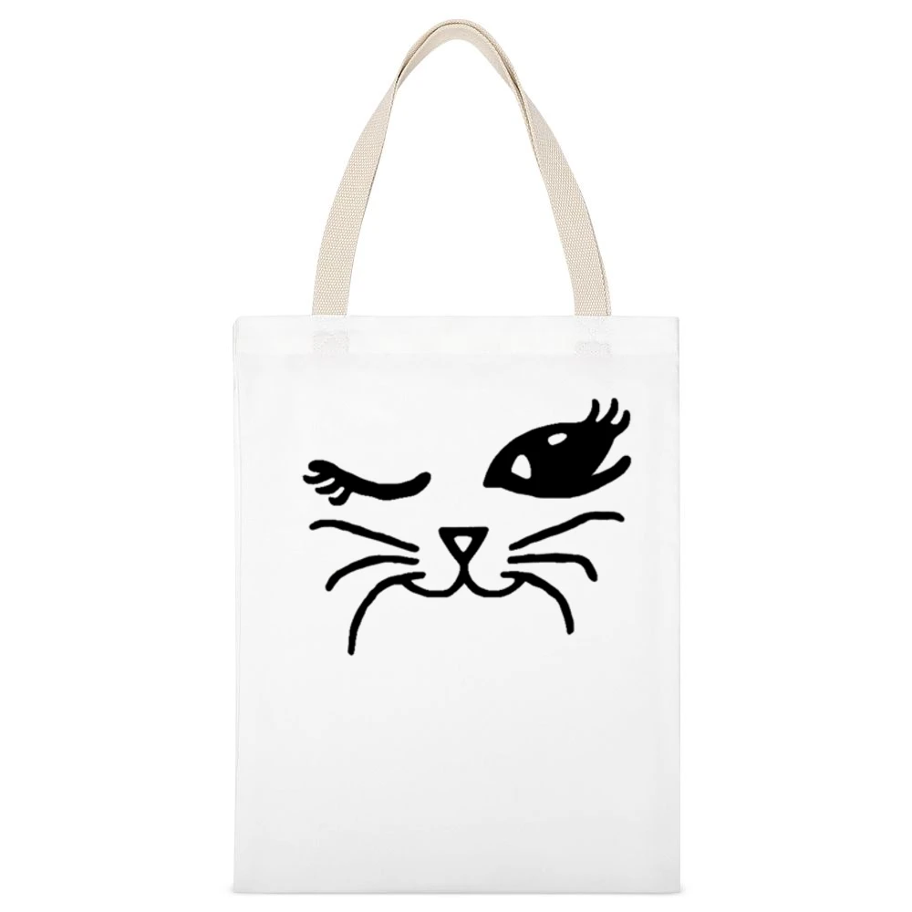 Winking Cat Fun Popular Cat Lover Graphic Feline Tee Shirt White Canvas Tote Shopping Bag