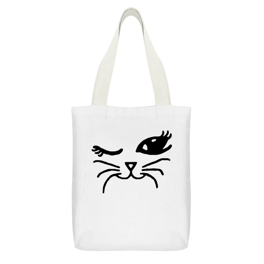 Winking Cat Fun Popular Cat Lover Graphic Feline Tee Shirt White Canvas Tote Shopping Bag With Interior Pocket
