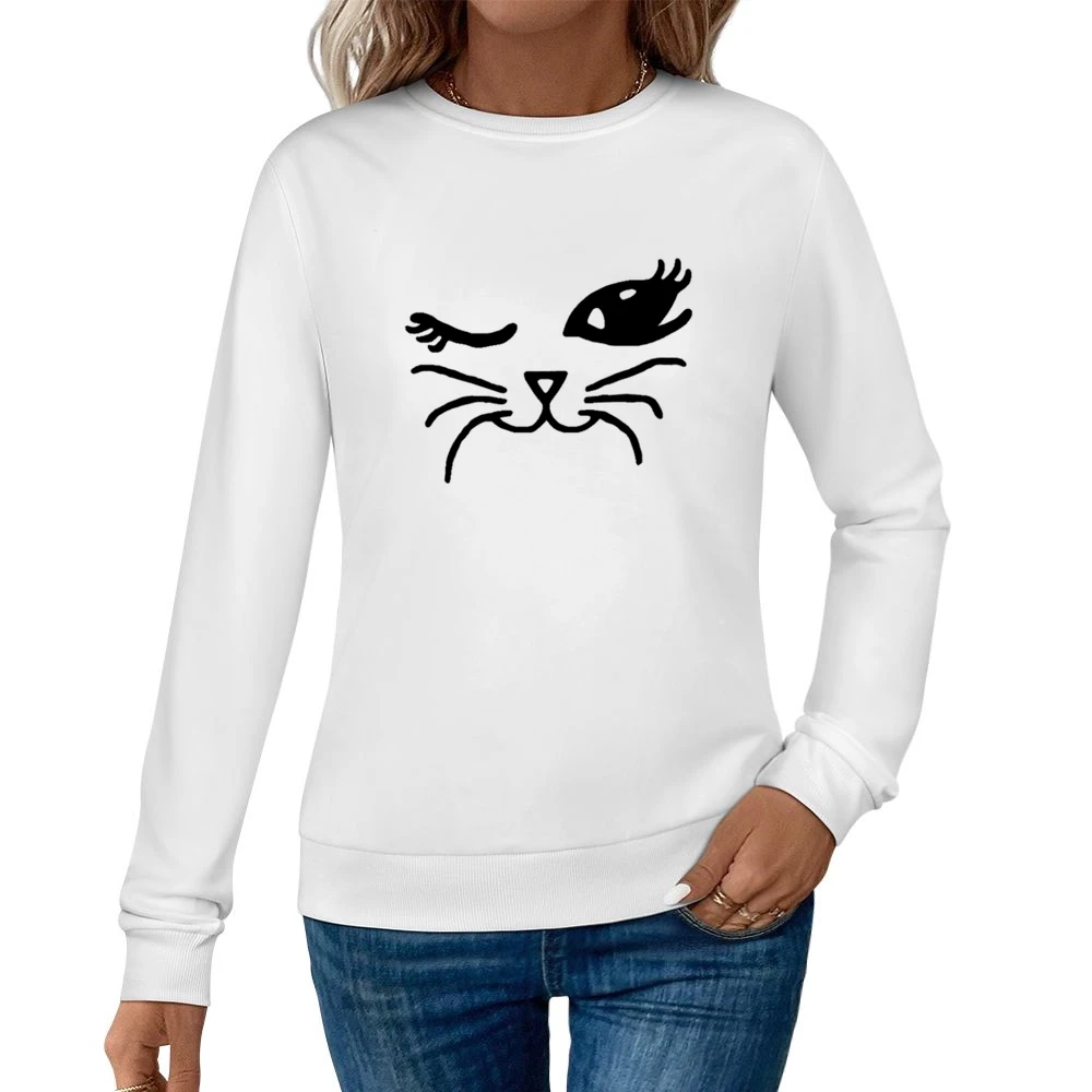 Winking Cat Fun Popular Cat Lover Graphic Feline Tee Shirt Women Pullover Sweatshirt