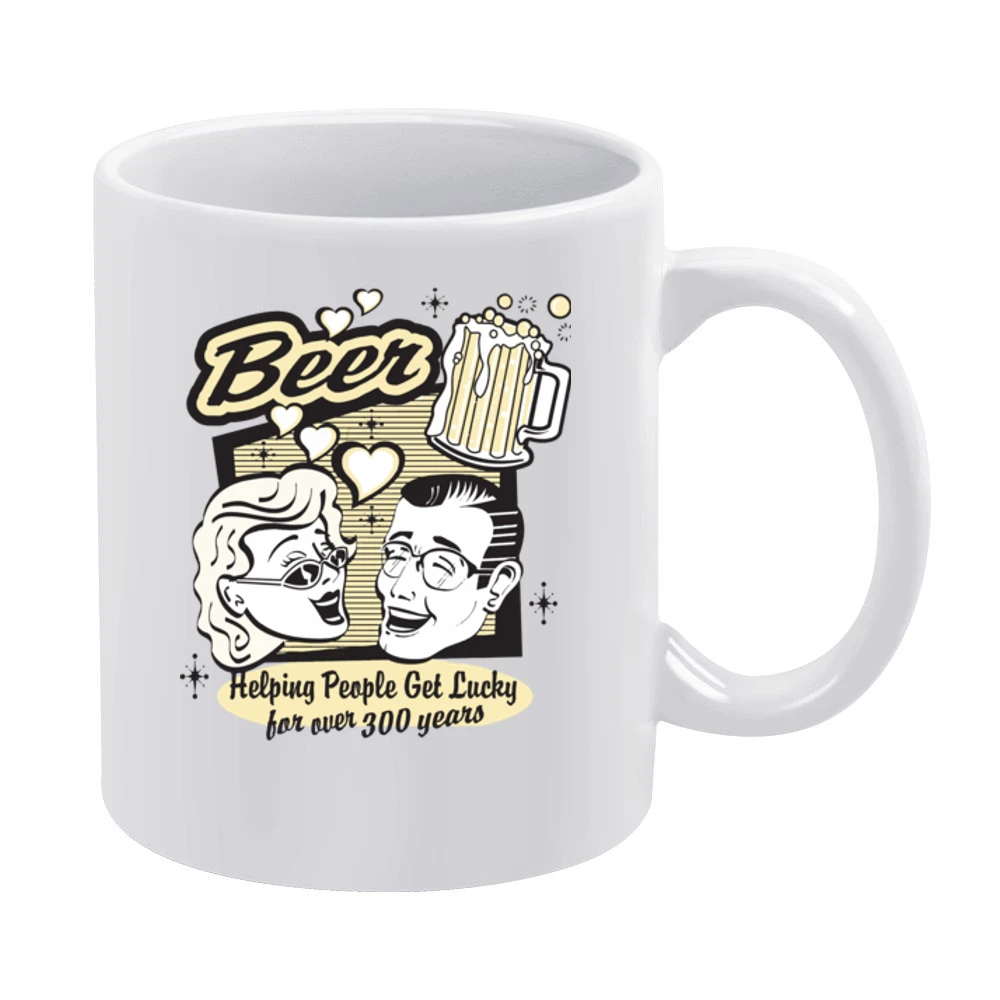 Woman And Man With Beer Helping People Get Lucky For Over 300 Years T White Mug