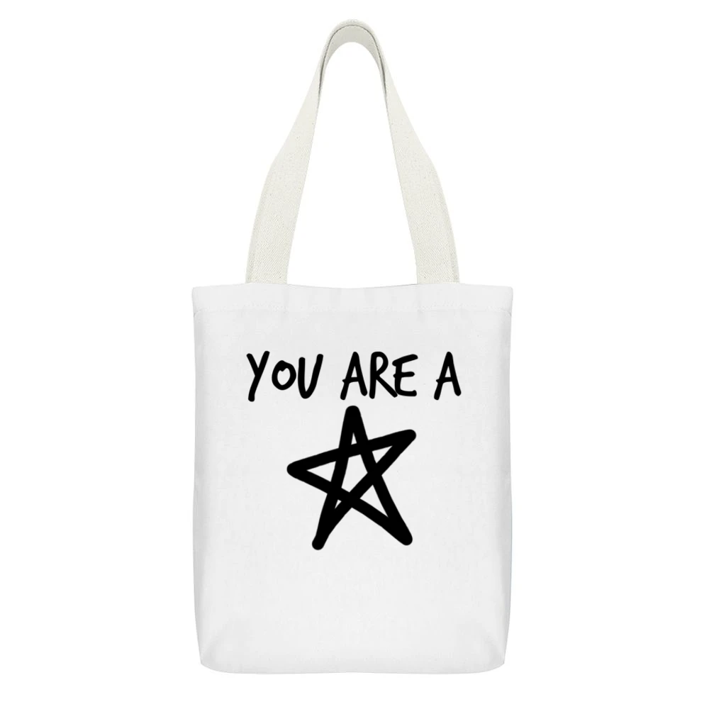 You Are A Star Fun Graphic White Canvas Tote Shopping Bag With Interior Pocket