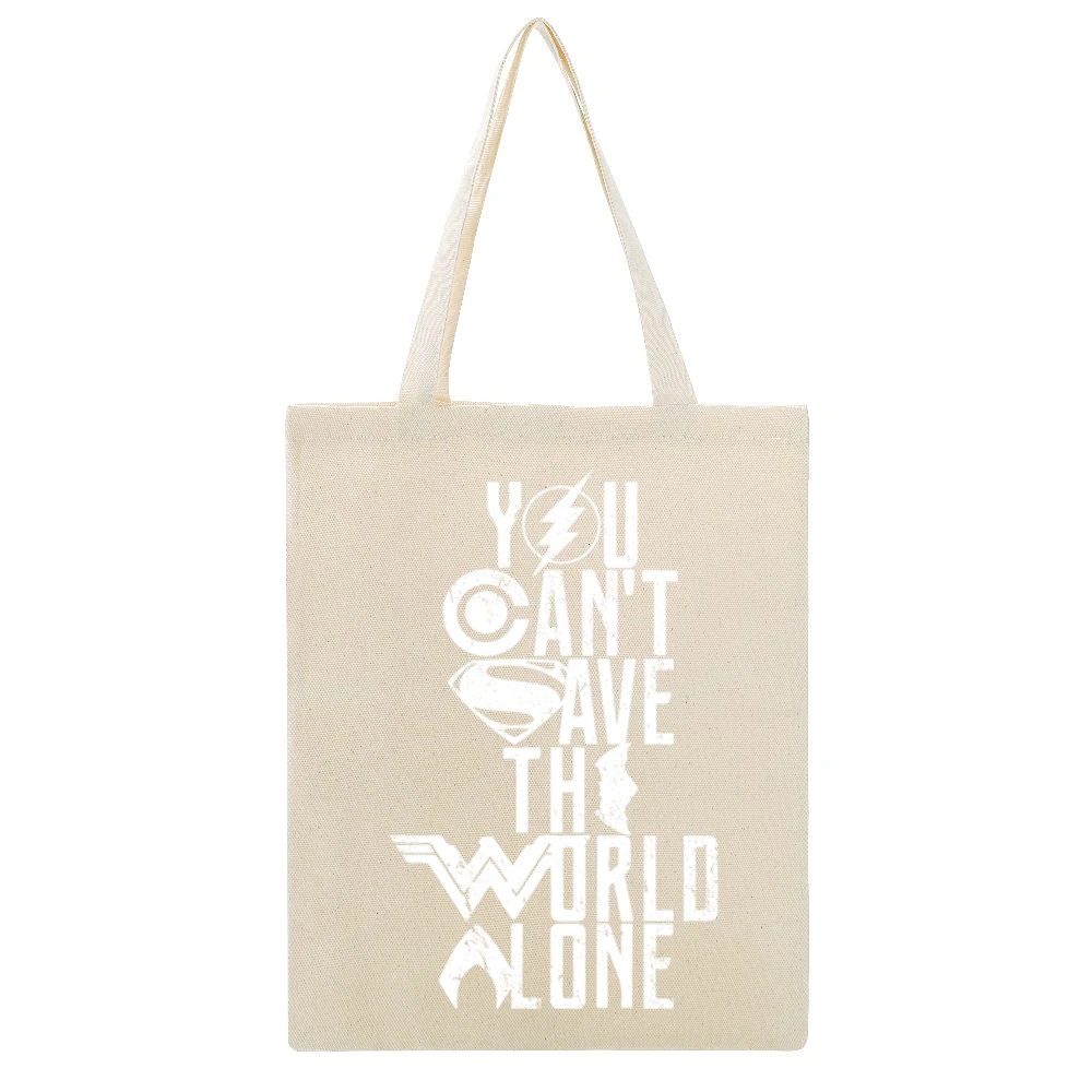 You Can't Save The World Alone Justice League Movie Poster Beige Canvas Tote Shopping Bag