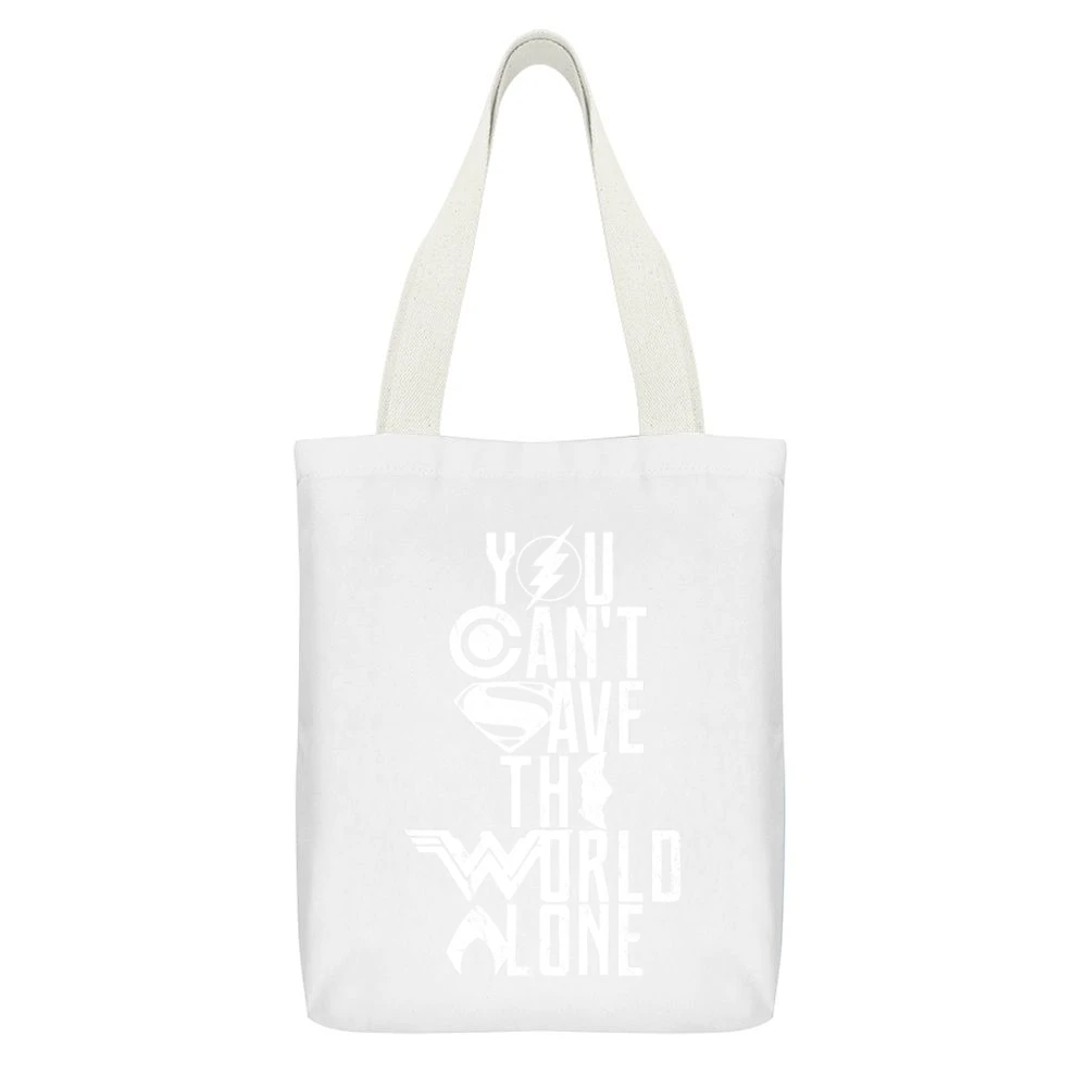 You Can't Save The World Alone Justice League Movie Poster White Canvas Tote Shopping Bag With Interior Pocket