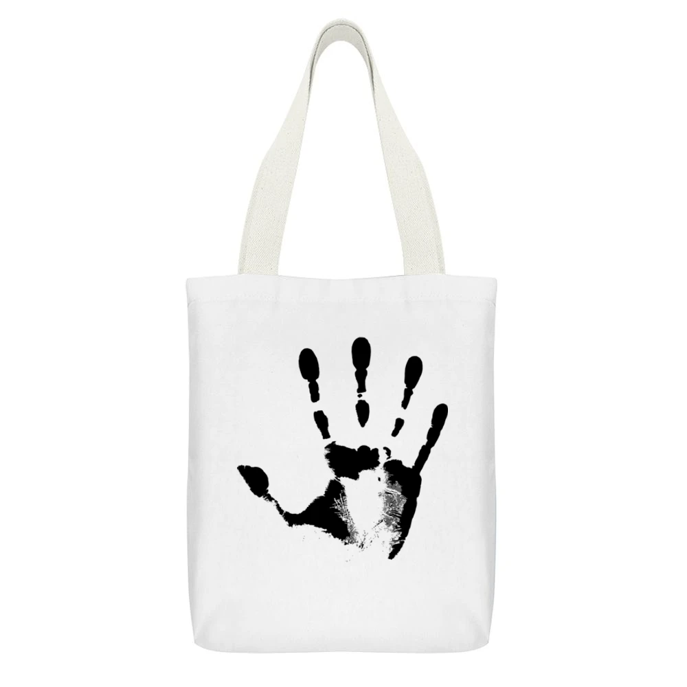 black Hand Print skin finger pattern White Canvas Tote Shopping Bag With Interior Pocket