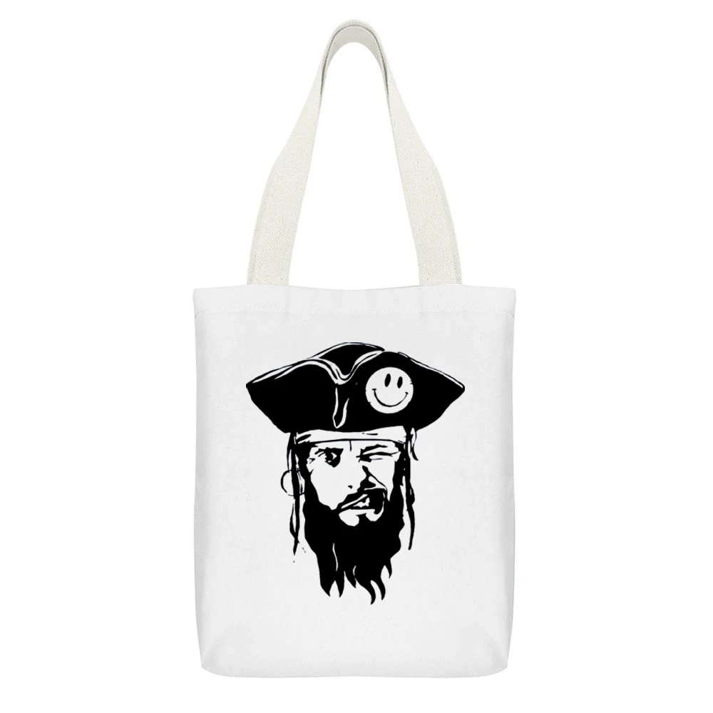 funny captain pirate with smiley hat and blinked eye White Canvas Tote Shopping Bag With Interior Pocket