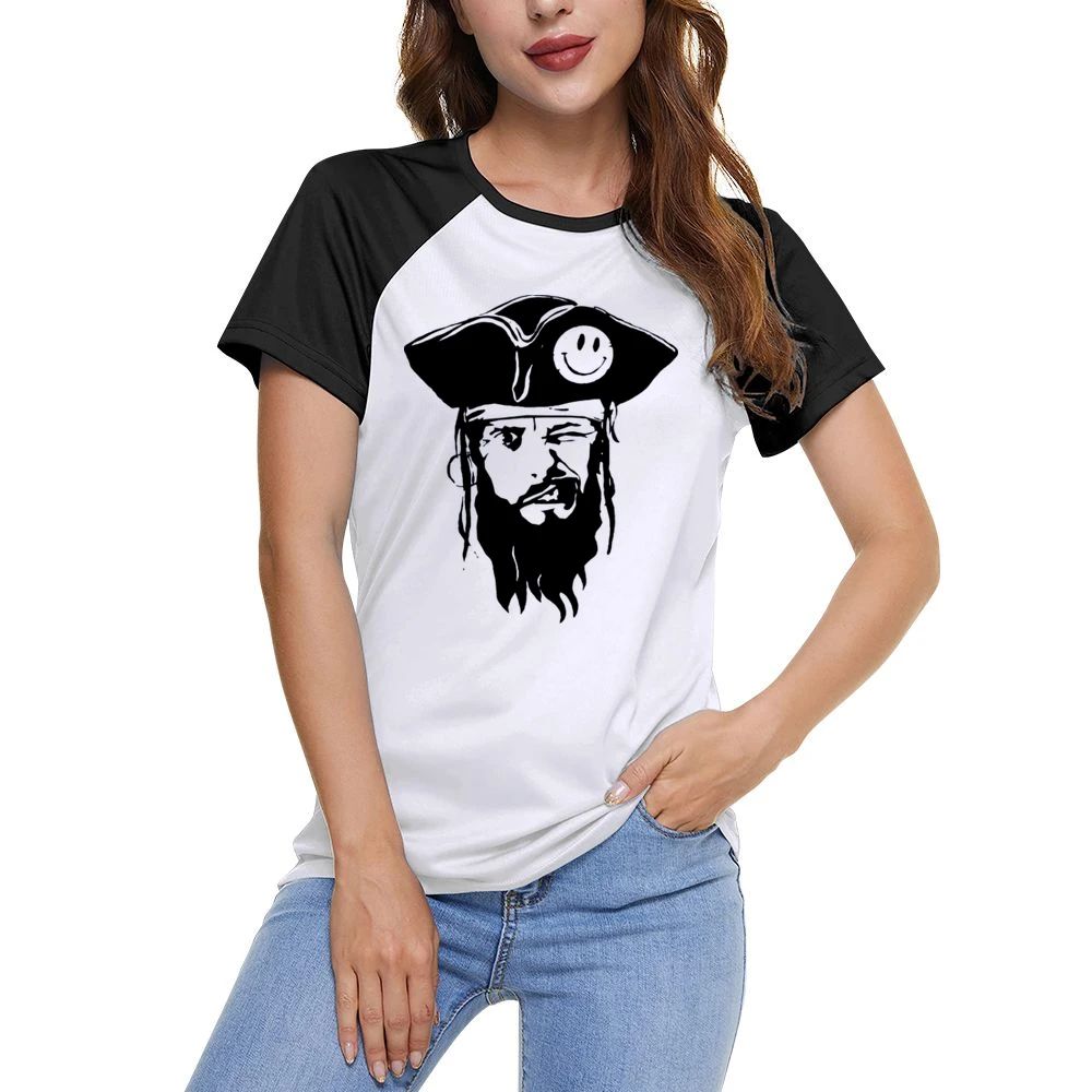 funny captain pirate with smiley hat and blinked eye Women Ladies Short Sleeve T-Shirt