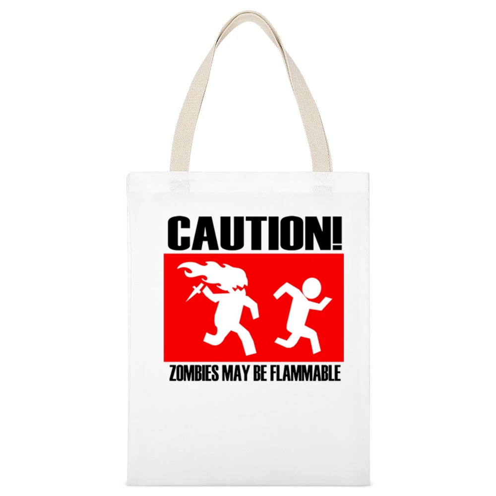 funny sign caution zombies may be flammable White Canvas Tote Shopping Bag