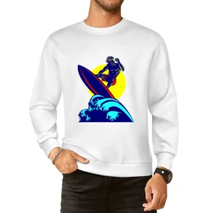 mucle guy with surf riding wave ocean beach surfing under the sun T Sh European Size Pullover Sweater