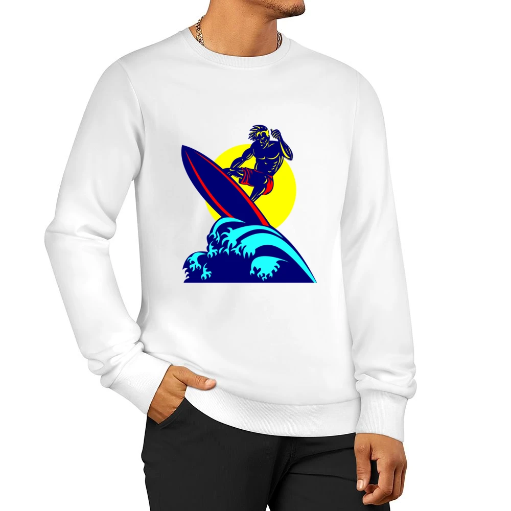 mucle guy with surf riding wave ocean beach surfing under the sun T Sh Men Pullover Sweatshirt
