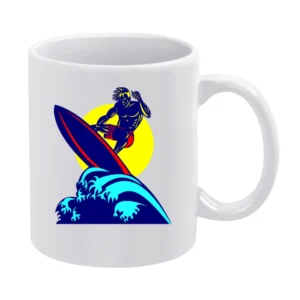 mucle guy with surf riding wave ocean beach surfing under the sun T Sh White Mug